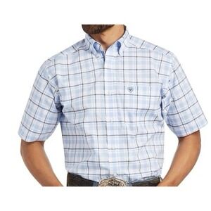 Ariat Pro Series Mens XL Stretch Blue Plaid Finnick Shirt Short sleeve Cowboy